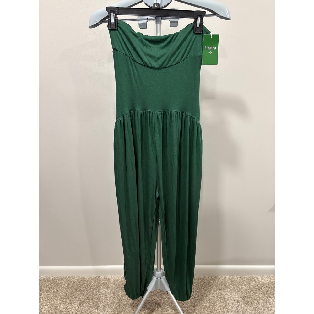 NWT Halara Ribbed Tube Backess Side Pocket Casual Jumpsuit Dark Verdant Green Sm